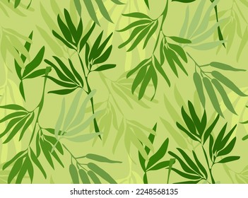 Seamless bamboo leaves pattern on green background. Nature leaf texture. Floral vector illustration.