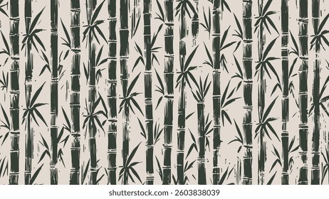 Seamless bamboo pattern with hand-drawn brushstroke style, featuring black bamboo stalks and leaves on a light background.