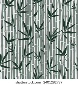 Seamless bamboo pattern. Bamboo sprigs with leaves. Vertical borders on white background