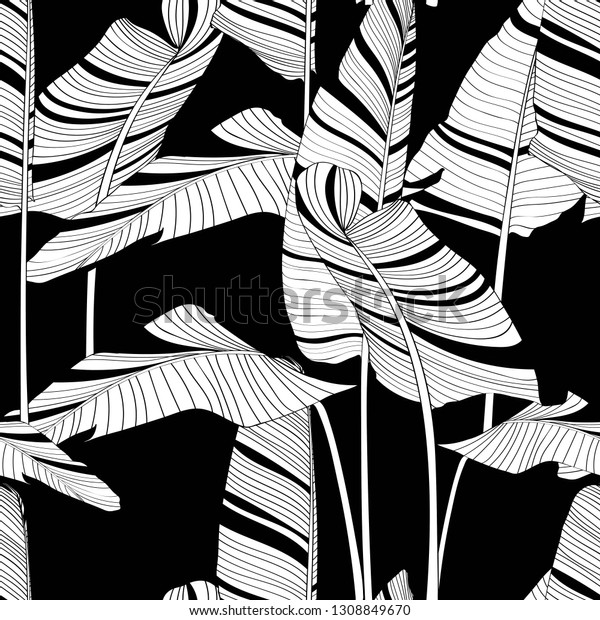 Seamless Banana Leaf Pattern Background Black Stock Vector (Royalty ...