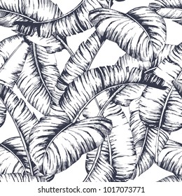 Seamless banana leaves pattern for fashion textile, black line plant vector illustration.