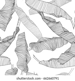 seamless banana leaves pattern for fashion textile, black line plant vector illustration