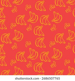 Padrão de arte de linha de banana sem costura com contornos amarelos de bananas em um fundo vermelho brilhante. Perfeito para designs com temática tropical, tecidos de verão, papel de embrulho ou fundos digitais.