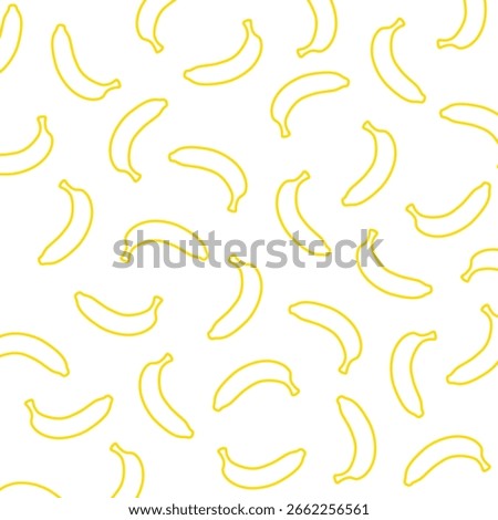 Seamless Banana Outline Pattern on White Background. Minimalist seamless pattern featuring simple yellow banana outlines on a clean white background.