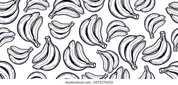 Seamless banana pattern in black and white. This hand-drawn, monochrome illustration features bunches of bananas in a vintage, sketch style. Perfect for backgrounds, wallpapers, textiles, and various 