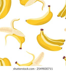 Seamless banana pattern with bunch of bananas, opened banana on white background, vector illustration Template for kitchen textile, wrapping paper, juice and cosmetics