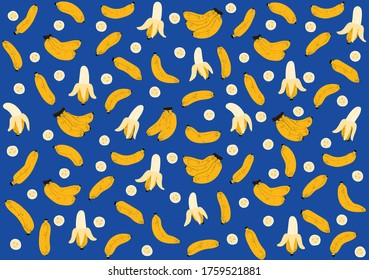 Seamless Banana Pattern Design. Fruit Illustration. Stylized Yellow Bananas on the Blue Background. Seamless Bananas for Wallpaper