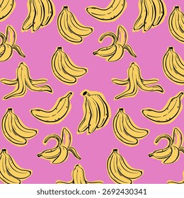 Padrão de banana sem costura em estilo de desenho à mão doodle. Bananas amarelas em um design de fundo rosa brilhante. Perfeito para impressões têxteis, embalagens, papel de embrulho e fundos. 