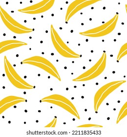 Seamless banana pattern and hand drawn black dots. Wallpaper, textiles and children's clothing.