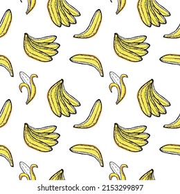 Seamless banana pattern, hand-drawn doodle in sketch style. Bananas open and unclosed. Vegan. Eco. Suitable for textile decoration, food packaging and menus.