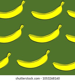 Seamless Banana Pattern in Hipster Style. Fruit Illustration. Stylized Yellow Bananas on the Green Background. Seamless Bananas for Wallpaper, Wrapping, Web Design, Textile, Fabric, Tile, Tablecloth.