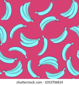 Seamless Banana Pattern in Hipster Style. Fruit Illustration. Stylized Blue Bananas on the Pink Background. Seamless Bananas for Wallpaper, Wrapping, Web Design, Textile, Fabric, Tile, Tablecloth.