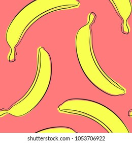 Seamless Banana Pattern in Hipster Style. Fruit Illustration. Stylized Yellow Bananas on the Red Background. Seamless Bananas for Wallpaper, Wrapping, Web Design, Textile, Fabric, Tile, Tablecloth.