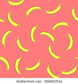Seamless Banana Pattern in Hipster Style. Fruit Illustration. Stylized Yellow Bananas on the Red Background. Seamless Bananas for Wallpaper, Wrapping, Web Design, Textile, Fabric, Tile, Tablecloth.