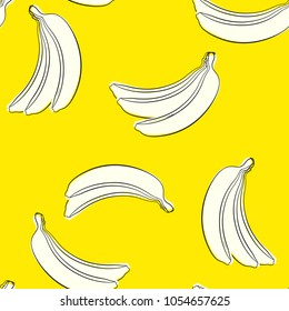 Seamless Banana Pattern in Hipster Style. Fruit Illustration. Stylized White Bananas on the Yellow Background. Seamless Bananas for Wallpaper, Wrapping, Web Design, Textile, Fabric, Tile, Tablecloth.