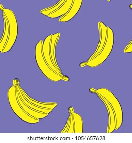 Seamless Banana Pattern in Hipster Style. Fruit Illustration. Stylized Yellow Bananas on the Violet Background. Seamless Bananas for Wallpaper, Wrapping, Web Design, Textile, Fabric, Tile, Tablecloth.