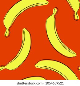 Seamless Banana Pattern in Hipster Style. Fruit Illustration. Stylized Yellow Bananas on the Orange Background. Seamless Bananas for Wallpaper, Wrapping, Web Design, Textile, Fabric, Tile, Tablecloth.