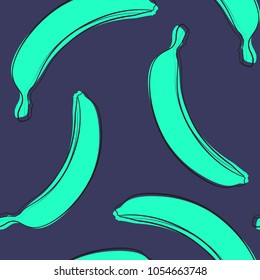 Seamless Banana Pattern in Hipster Style. Fruit Illustration. Stylized Blue Bananas on the Blue Background. Seamless Bananas for Wallpaper, Wrapping, Web Design, Textile, Fabric, Tile, Tablecloth.