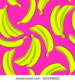 Seamless Banana Pattern in Hipster Style. Fruit Illustration. Stylized Yellow Bananas on the Pink Background. Seamless Bananas for Wallpaper, Wrapping, Web Design, Textile, Fabric, Tile, Tablecloth.