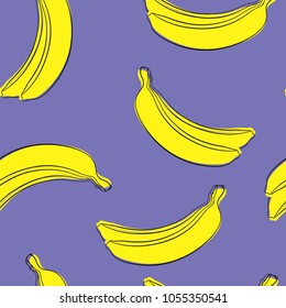 Seamless Banana Pattern in Hipster Style. Fruit Illustration. Stylized Yellow Bananas on the Violet Background. Seamless Bananas for Wallpaper, Wrapping, Web Design, Textile, Fabric, Tile, Tablecloth.