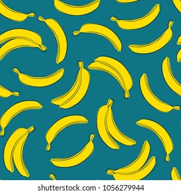 Seamless Banana Pattern in Hipster Style. Fruit Illustration. Stylized Yellow Bananas on the Blue Background. Seamless Bananas for Wallpaper, Wrapping, Web Design, Textile, Fabric, Tile, Tablecloth.