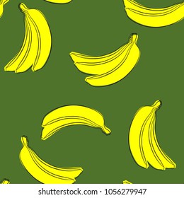 Seamless Banana Pattern in Hipster Style. Fruit Illustration. Stylized Yellow Bananas on the Green Background. Seamless Bananas for Wallpaper, Wrapping, Web Design, Textile, Fabric, Tile, Tablecloth.