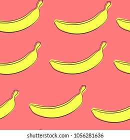 Seamless Banana Pattern in Hipster Style. Fruit Illustration. Stylized Yellow Bananas on the Red Background. Seamless Bananas for Wallpaper, Wrapping, Web Design, Textile, Fabric, Tile, Tablecloth.