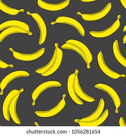 Seamless Banana Pattern in Hipster Style. Fruit Illustration. Stylized Yellow Bananas on the Grey Background. Seamless Bananas for Wallpaper, Wrapping, Web Design, Textile, Fabric, Tile, Tablecloth.