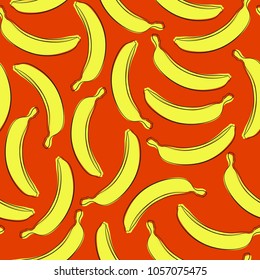 Seamless Banana Pattern in Hipster Style. Fruit Illustration. Stylized Yellow Bananas on the Orange Background. Seamless Bananas for Wallpaper, Wrapping, Web Design, Textile, Fabric, Tile, Tablecloth.