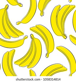 Seamless Banana Pattern in Hipster Style. Fruit Illustration. Stylized Yellow Bananas on the White Background. Seamless Bananas for Wallpaper, Wrapping, Web Design, Textile, Fabric, Tile, Tablecloth.