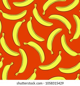 Seamless Banana Pattern in Hipster Style. Fruit Illustration. Stylized Yellow Bananas on the Orange Background. Seamless Bananas for Wallpaper, Wrapping, Web Design, Textile, Fabric, Tile, Tablecloth.