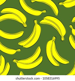 Seamless Banana Pattern in Hipster Style. Fruit Illustration. Stylized Yellow Bananas on the Green Background. Seamless Bananas for Wallpaper, Wrapping, Web Design, Textile, Fabric, Tile, Tablecloth.