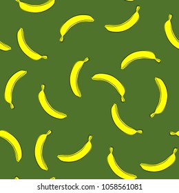 Seamless Banana Pattern in Hipster Style. Fruit Illustration. Stylized Yellow Bananas on the Green Background. Seamless Bananas for Wallpaper, Wrapping, Web Design, Textile, Fabric, Tile, Tablecloth.