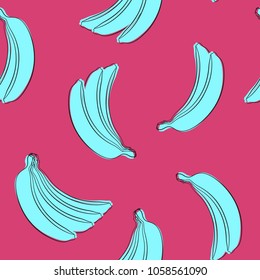 Seamless Banana Pattern in Hipster Style. Fruit Illustration. Stylized Blue Bananas on the Pink Background. Seamless Bananas for Wallpaper, Wrapping, Web Design, Textile, Fabric, Tile, Tablecloth.