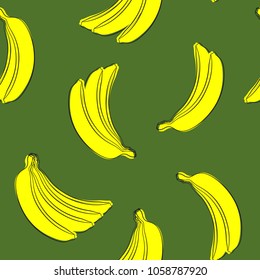 Seamless Banana Pattern in Hipster Style. Fruit Illustration. Stylized Yellow Bananas on the Green Background. Seamless Bananas for Wallpaper, Wrapping, Web Design, Textile, Fabric, Tile, Tablecloth.