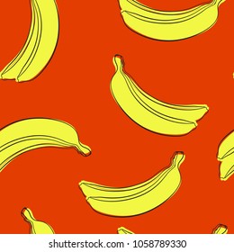 Seamless Banana Pattern in Hipster Style. Fruit Illustration. Stylized Yellow Bananas on the Orange Background. Seamless Bananas for Wallpaper, Wrapping, Web Design, Textile, Fabric, Tile, Tablecloth.