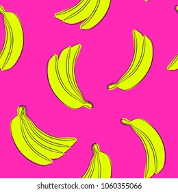 Seamless Banana Pattern in Hipster Style. Fruit Illustration. Stylized Yellow Bananas on the Pink Background. Seamless Bananas for Wallpaper, Wrapping, Web Design, Textile, Fabric, Tile, Tablecloth.