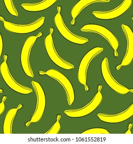 Seamless Banana Pattern in Hipster Style. Fruit Illustration. Stylized Yellow Bananas on the Green Background. Seamless Bananas for Wallpaper, Wrapping, Web Design, Textile, Fabric, Tile, Tablecloth.