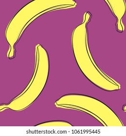 Seamless Banana Pattern in Hipster Style. Fruit Illustration. Stylized Yellow Bananas on the Pink Background. Seamless Bananas for Wallpaper, Wrapping, Web Design, Textile, Fabric, Tile, Tablecloth.