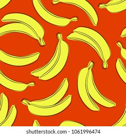 Seamless Banana Pattern in Hipster Style. Fruit Illustration. Stylized Yellow Bananas on the Orange Background. Seamless Bananas for Wallpaper, Wrapping, Web Design, Textile, Fabric, Tile, Tablecloth.