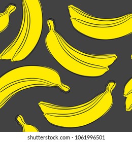 Seamless Banana Pattern in Hipster Style. Fruit Illustration. Stylized Yellow Bananas on the Grey Background. Seamless Bananas for Wallpaper, Wrapping, Web Design, Textile, Fabric, Tile, Tablecloth.