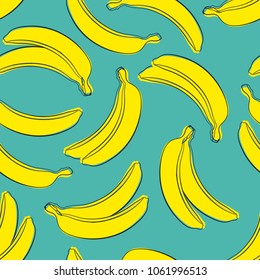 Seamless Banana Pattern in Hipster Style. Fruit Illustration. Stylized Yellow Bananas on the Blue Background. Seamless Bananas for Wallpaper, Wrapping, Web Design, Textile, Fabric, Tile, Tablecloth.