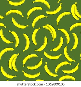 Seamless Banana Pattern in Hipster Style. Fruit Illustration. Stylized Yellow Bananas on the Green Background. Seamless Bananas for Wallpaper, Wrapping, Web Design, Textile, Fabric, Tile, Tablecloth.