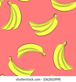 Seamless Banana Pattern in Hipster Style. Fruit Illustration. Stylized Yellow Bananas on the Red Background. Seamless Bananas for Wallpaper, Wrapping, Web Design, Textile, Fabric, Tile, Tablecloth.