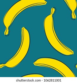 Seamless Banana Pattern in Hipster Style. Fruit Illustration. Stylized Yellow Bananas on the Blue Background. Seamless Bananas for Wallpaper, Wrapping, Web Design, Textile, Fabric, Tile, Tablecloth.