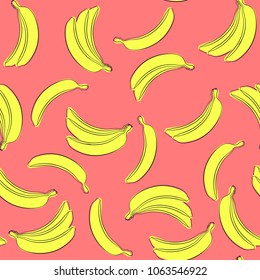 Seamless Banana Pattern in Hipster Style. Fruit Illustration. Stylized Yellow Bananas on the Red Background. Seamless Bananas for Wallpaper, Wrapping, Web Design, Textile, Fabric, Tile, Tablecloth.