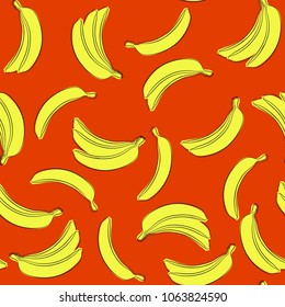 Seamless Banana Pattern in Hipster Style. Fruit Illustration. Stylized Yellow Bananas on the Orange Background. Seamless Bananas for Wallpaper, Wrapping, Web Design, Textile, Fabric, Tile, Tablecloth.