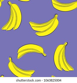 Seamless Banana Pattern in Hipster Style. Fruit Illustration. Stylized Yellow Bananas on the Violet Background. Seamless Bananas for Wallpaper, Wrapping, Web Design, Textile, Fabric, Tile, Tablecloth.