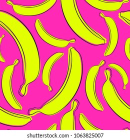Seamless Banana Pattern in Hipster Style. Fruit Illustration. Stylized Yellow Bananas on the Pink Background. Seamless Bananas for Wallpaper, Wrapping, Web Design, Textile, Fabric, Tile, Tablecloth.