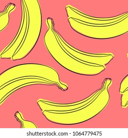 Seamless Banana Pattern in Hipster Style. Fruit Illustration. Stylized Yellow Bananas on the Red Background. Seamless Bananas for Wallpaper, Wrapping, Web Design, Textile, Fabric, Tile, Tablecloth.